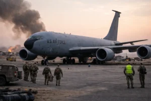US Air Force aircraft on a runway in Iraq with military personnel nearby following a plane crash that killed four US aircrew members