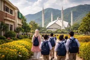 School students walking near Faisal Mosque during Islamabad school holidays