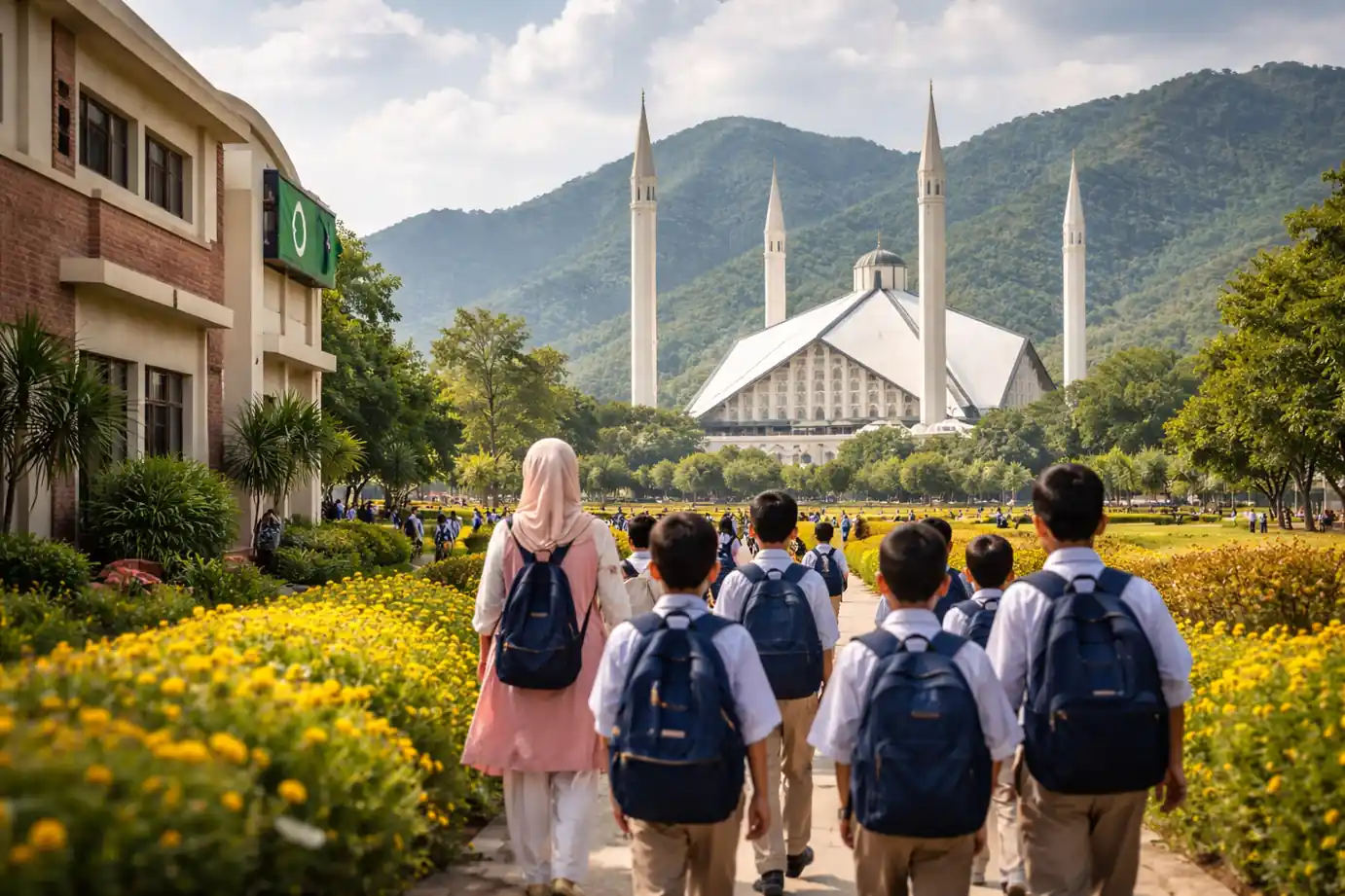School students walking near Faisal Mosque during Islamabad school holidays