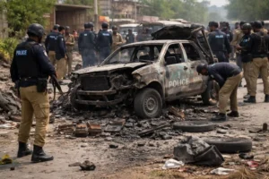Police officers inspecting a destroyed police vehicle after a deadly blast in Lakki Marwat that killed seven officers