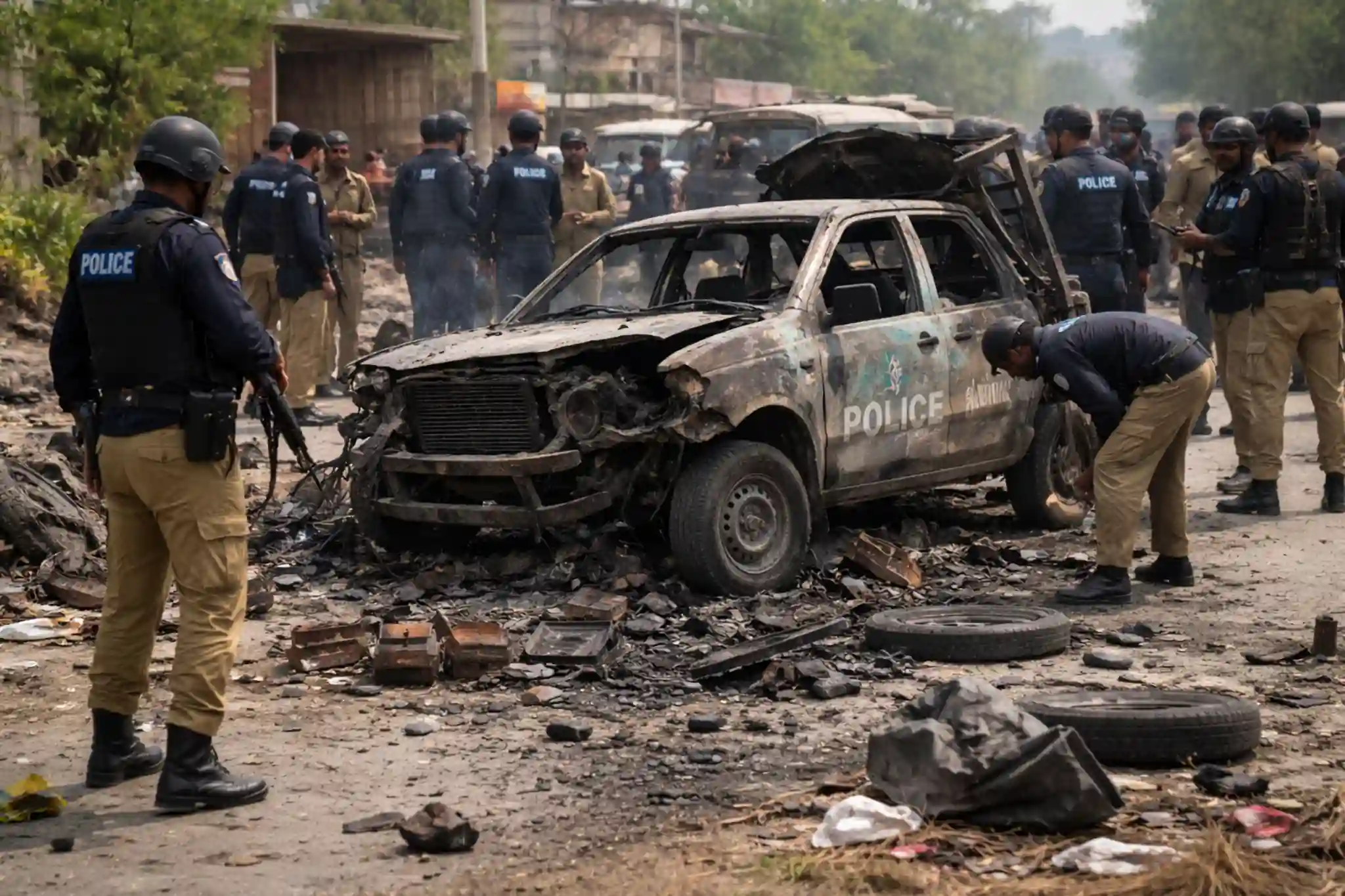 Police officers inspecting a destroyed police vehicle after a deadly blast in Lakki Marwat that killed seven officers