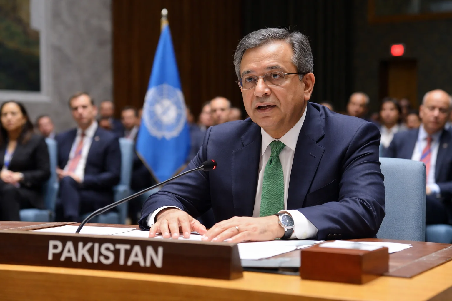 Pakistan ambassador speaking at UN Security Council meeting about Middle East conflict and regional peace efforts