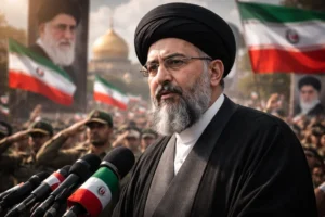Mojtaba Khamenei speaking at public gathering with Iranian flags after becoming Iran new supreme leader