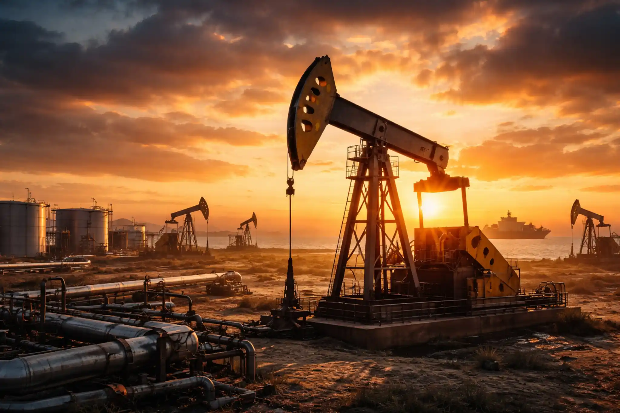 Oil pump jacks operating at sunset near coastal refinery with pipelines and tanker ship, representing rising oil prices due to global supply concerns