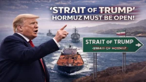 Donald Trump demands the opening of the Strait of Hormuz, with U.S. military ships and Iranian flags depicted in the background.