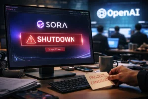 Computer screen showing Sora shutdown inactive warning with OpenAI office in background and project cancelled note on desk