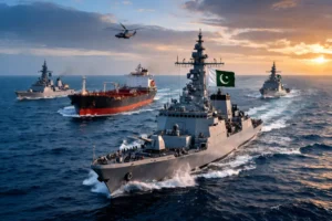 Pakistan Navy warships escorting commercial tanker during Operation Muhafiz ul Bahr maritime security mission
