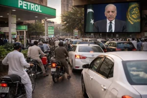 Traffic and motorcycles lined up near petrol station in Pakistan after government announces fuel austerity plan