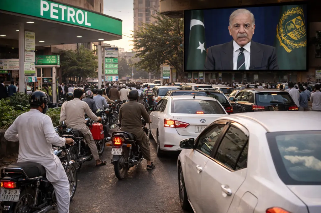 Traffic and motorcycles lined up near petrol station in Pakistan after government announces fuel austerity plan