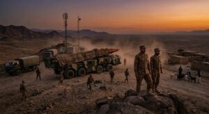 Pakistan military personnel standing near missile launcher in desert area during security operation