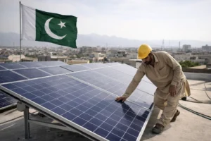 Technician installing rooftop solar panels in Pakistan with national flag and urban city background highlighting renewable energy growth