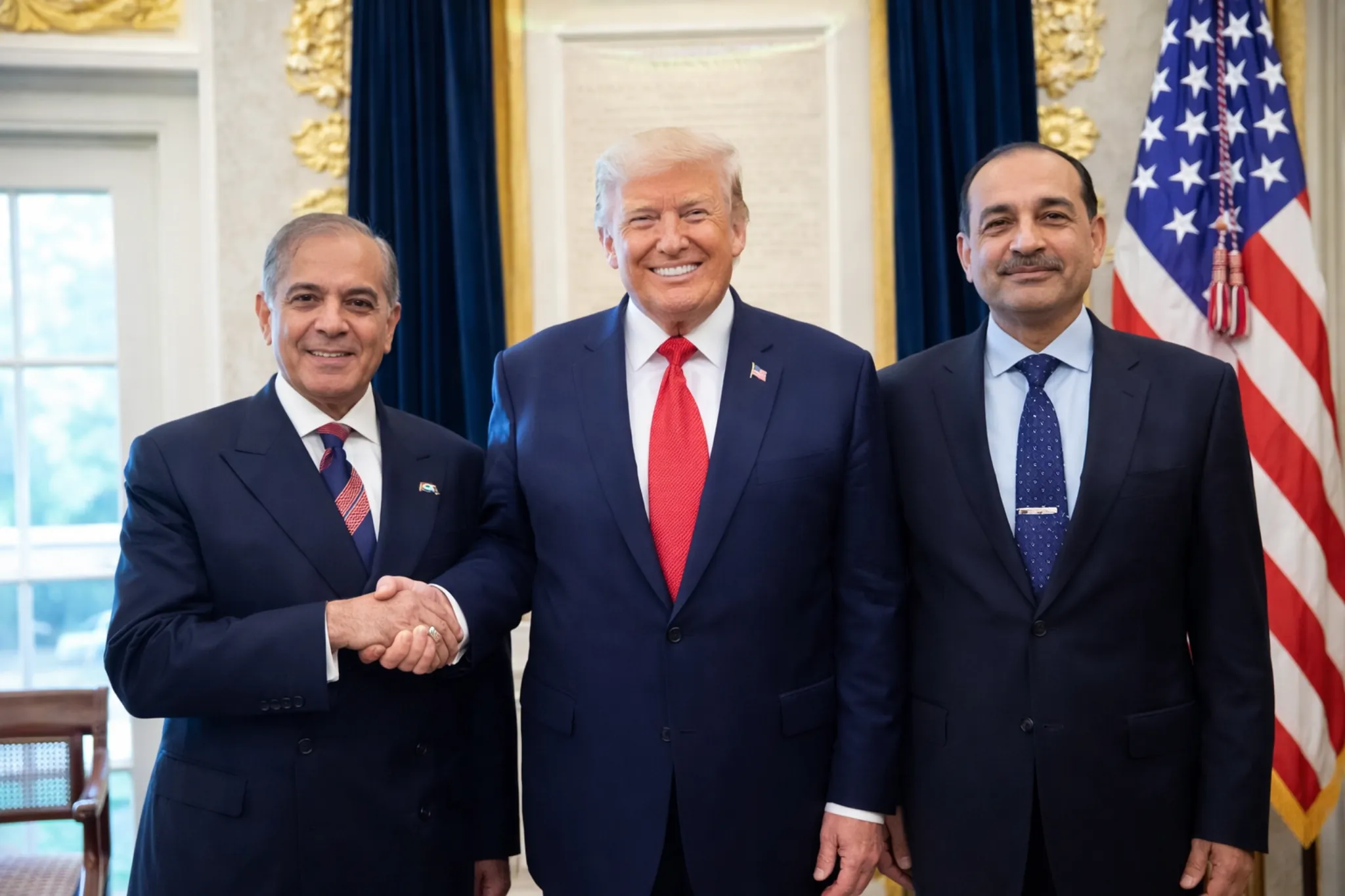 US President Donald Trump meeting Pakistani officials in diplomatic setting discussing Iran mediation and global crisis negotiations