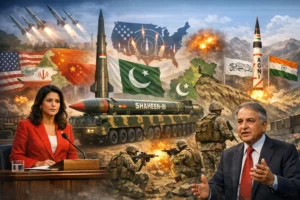 Pakistan India nuclear tension with missiles, military conflict, and geopolitical map showing US, China, Iran involvement