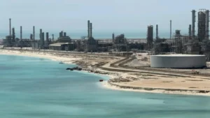 Ras Tanura oil refinery coastline showing Saudi Aramco energy facilities after Ras Tanura attack