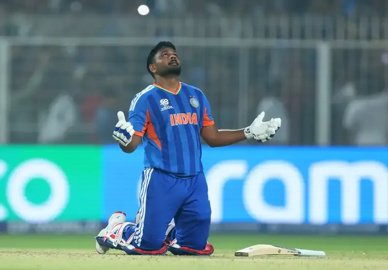 Sanju Samson celebrating after scoring 97 to lead India into semi final