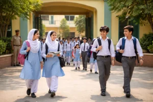 Students walking outside a school building in Sindh as schools closed for Youm-e-Ali observance