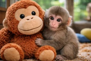 Cute baby snow monkey hugging a plush toy monkey in a heartwarming moment that went viral worldwide