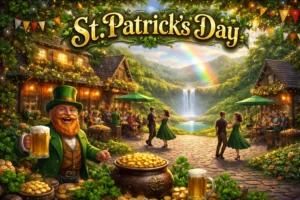 St Patrick’s Day celebration with leprechaun holding beer, Irish dancers, gold pot, and scenic village with rainbow