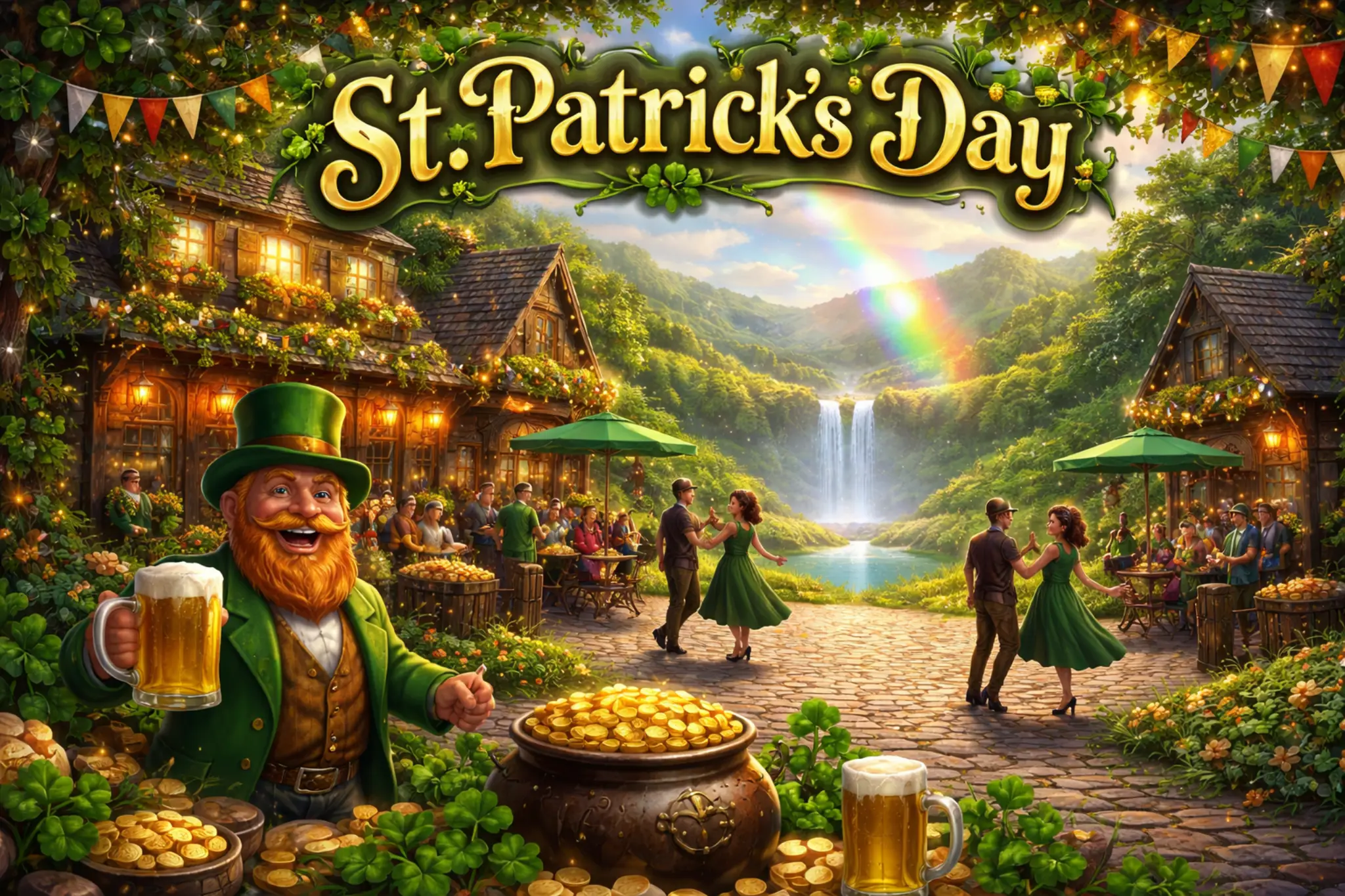 St Patrick’s Day celebration with leprechaun holding beer, Irish dancers, gold pot, and scenic village with rainbow