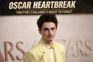 Timothée Chalamet at Oscars event showing disappointed expression during heartbreaking awards night moment