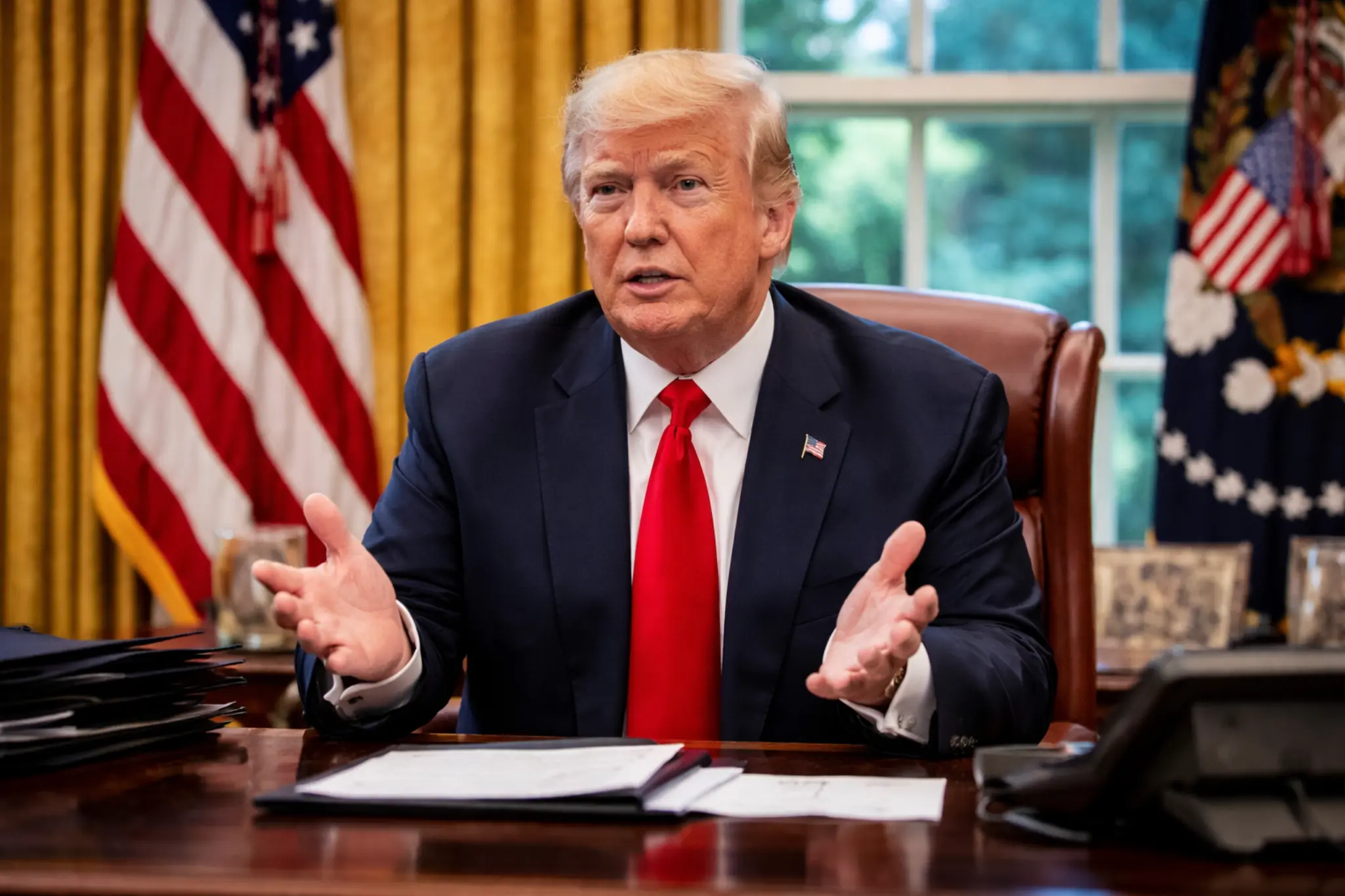 US President Donald Trump speaking in Oval Office with American flags, discussing Iran policy shifts impacting global markets and oil prices