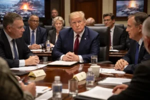 US President Donald Trump holding a strategy meeting with senior advisers in the White House as debate grows over the Iran war