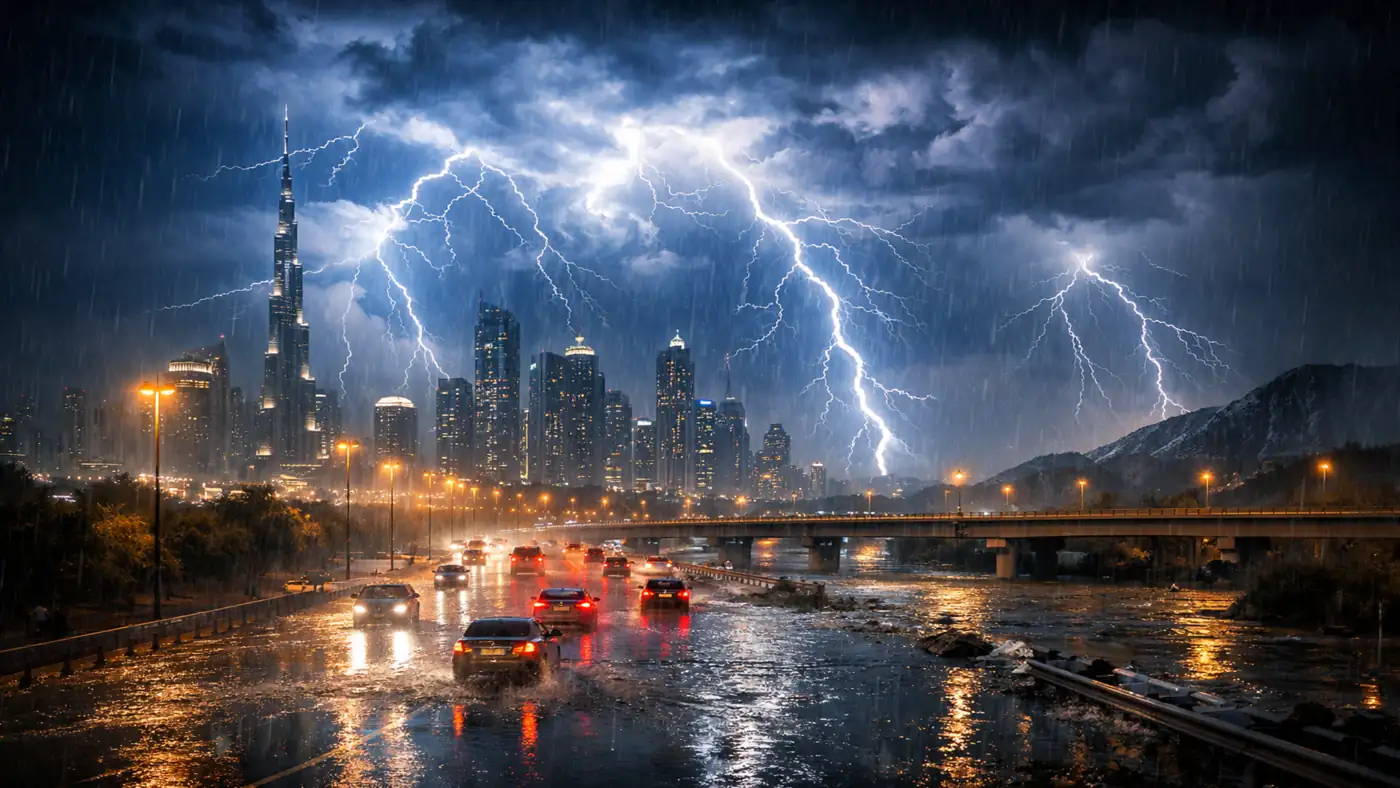 Heavy thunderstorm over Dubai skyline with intense lightning strikes, rain, and flooded roads in UAE at night