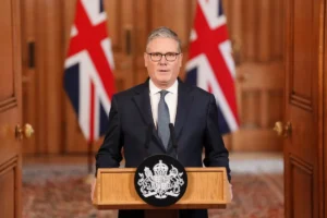 UK Prime Minister Keir Starmer addressing media on UK defensive strikes against Iranian missile threats