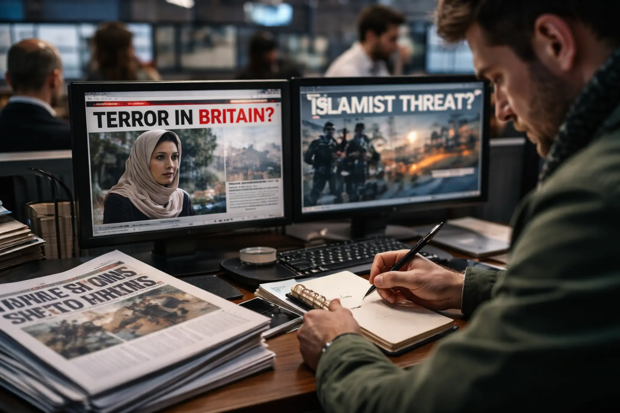 Journalist reviewing news screens showing negative headlines about Muslims as a study reveals bias in UK media coverage