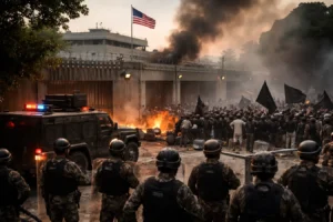 Security forces deployed outside US Consulate Pakistan during violent protest and unrest in Karachi
