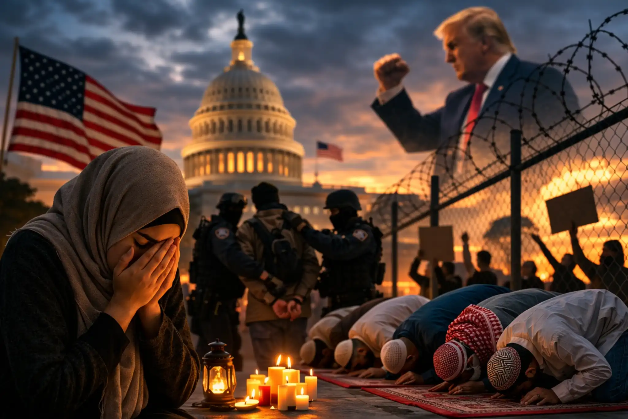 Muslim worshippers praying as protests and police presence appear near the US Capitol symbolizing rising Islamophobia in the United States in 2025
