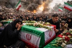 Mourners gather around coffins draped with Iranian flags during a mass funeral as explosions and smoke rise in the background amid the escalating US–Israel–Iran war