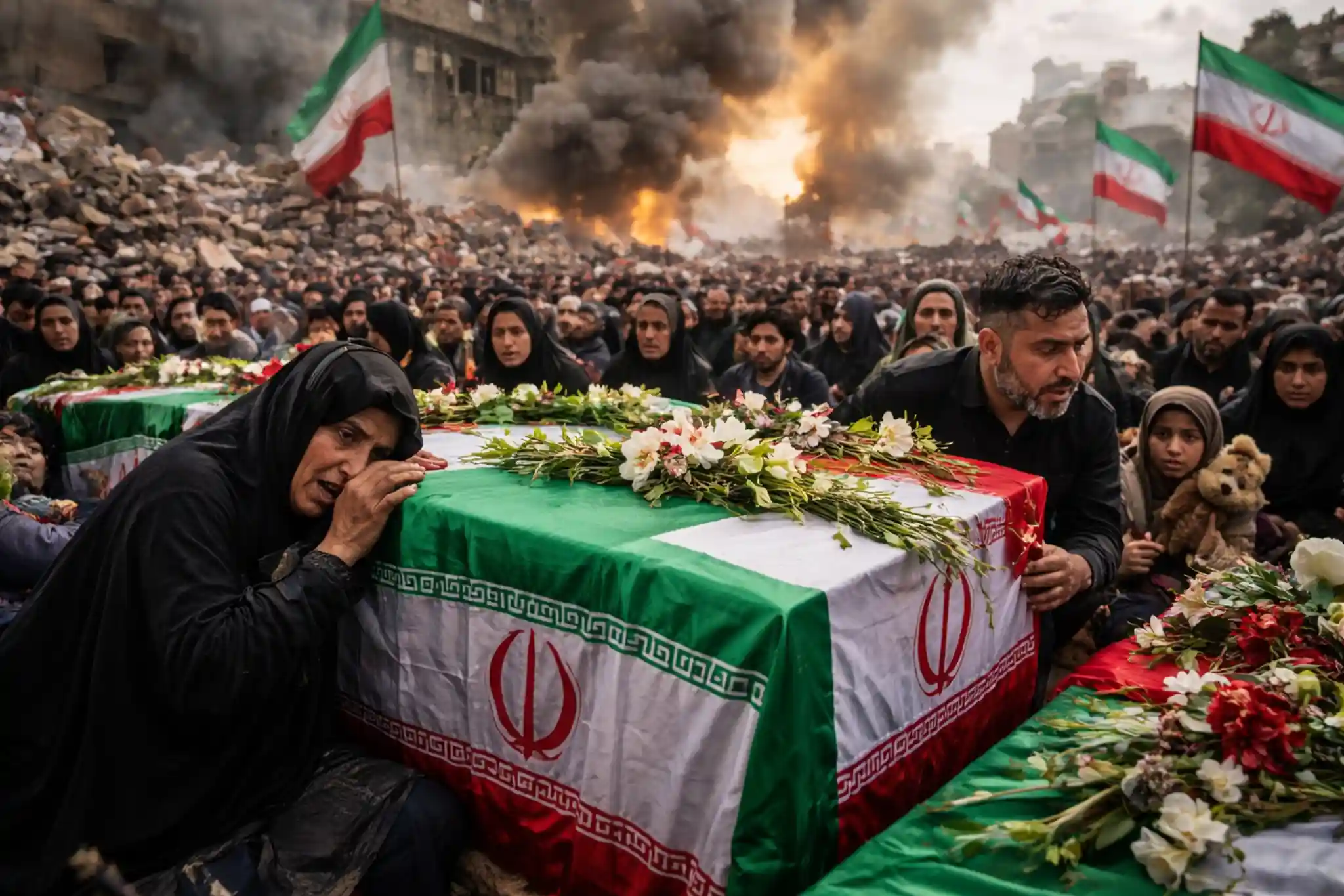 Mourners gather around coffins draped with Iranian flags during a mass funeral as explosions and smoke rise in the background amid the escalating US–Israel–Iran war