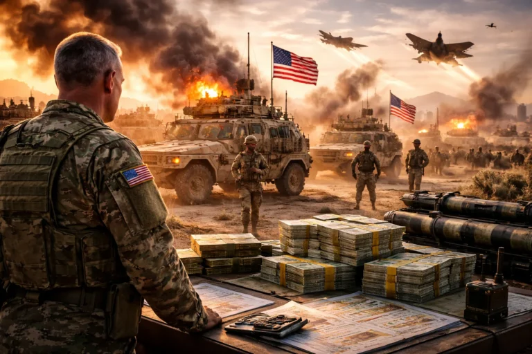 US soldiers with armored military vehicles, fighter jets overhead, and stacks of cash representing military funding in a warzone.