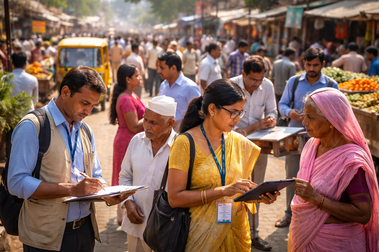 India census officials collecting population data from people in a crowded market area