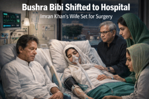 An AI-generated image showing Imran Khan sitting by his wife, Bushra Bibi, in a hospital bed with medical staff and family members present.