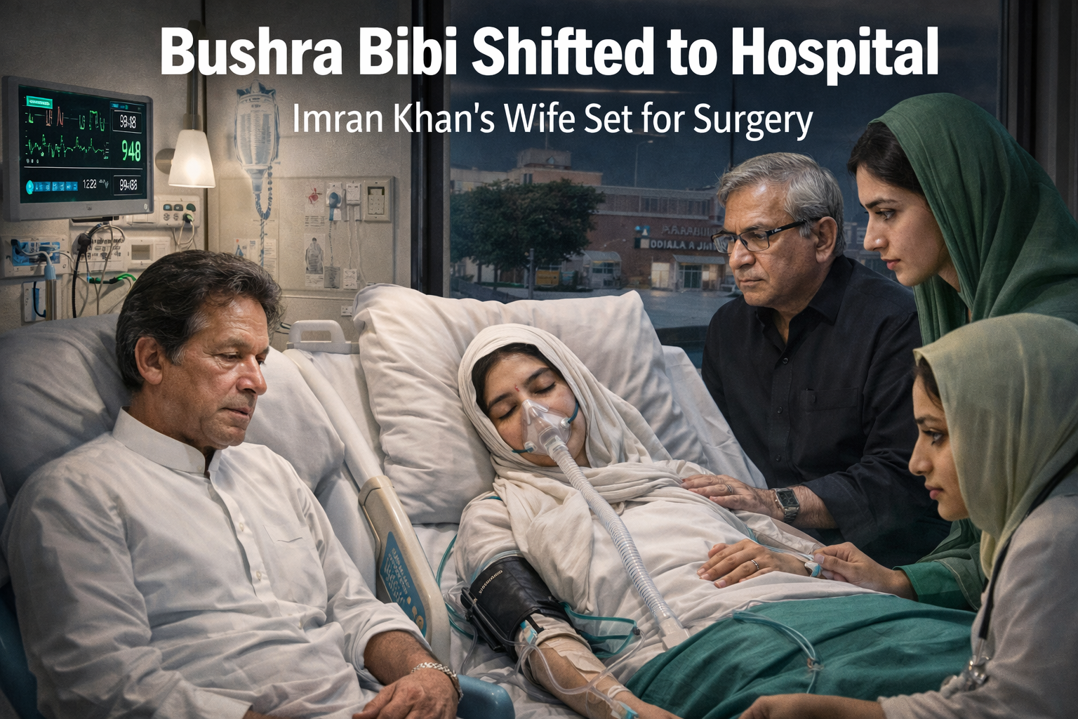 An AI-generated image showing Imran Khan sitting by his wife, Bushra Bibi, in a hospital bed with medical staff and family members present.