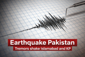 A seismograph pen drawing large, jagged earthquake tremor lines on graph paper. Overlay text reads: 'Earthquake Pakistan' and 'Tremors shake Islamabad and KP'. This is a news update graphic about seismic activity in Pakistan.