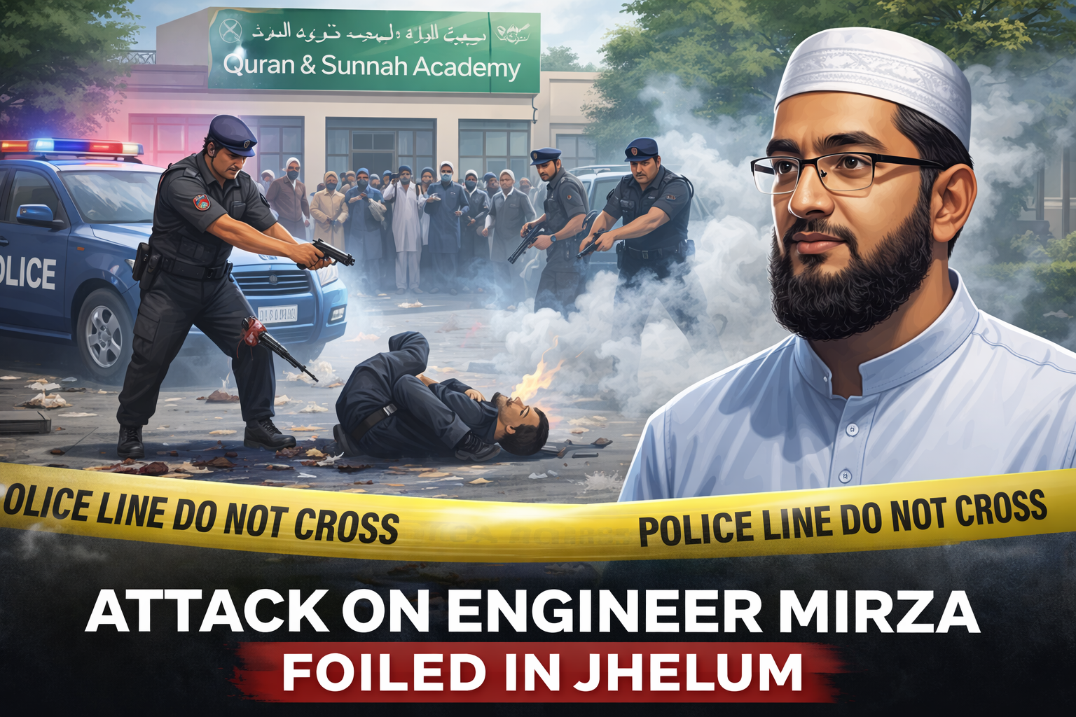 Police responding to Jhelum attack on Engineer Mirza outside Quran and Sunnah Academy with security forces neutralising attacker
