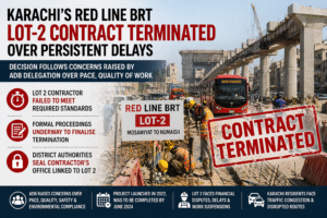 Karachi BRT Red Line construction site showing delays after Lot 2 contract termination