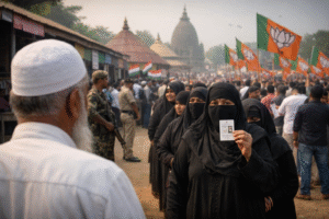 Muslim women in Assam stand in a voting queue during state elections, highlighting reduced Muslim representation after constituency delimitation