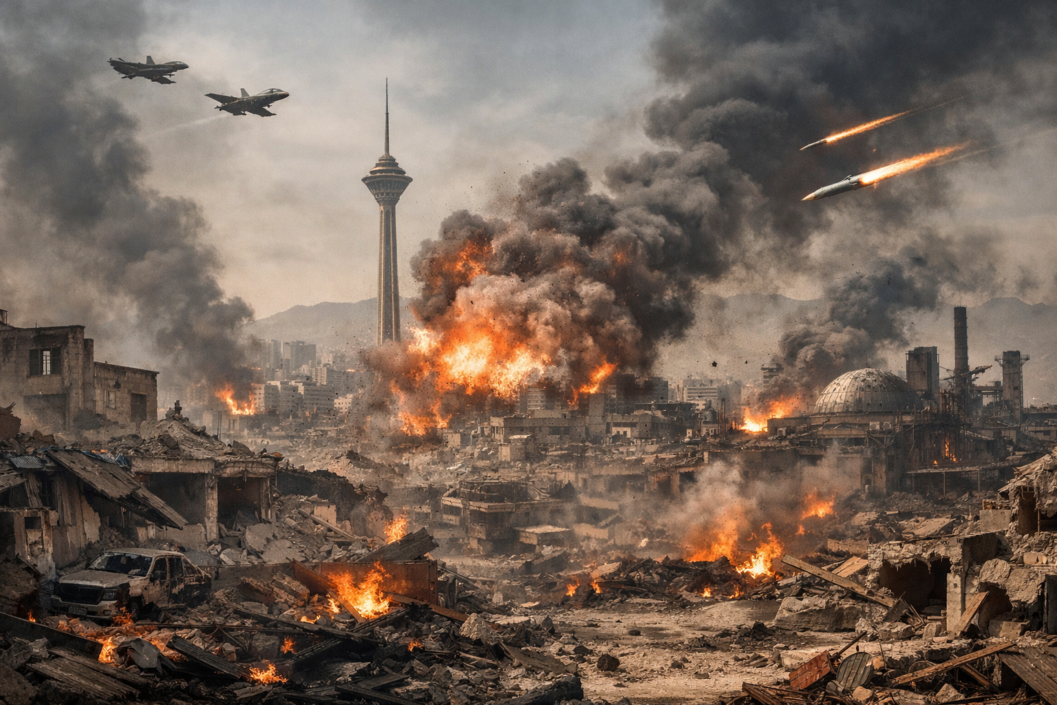 A war-torn urban scene in Iran showing destroyed buildings, smoke plumes, missile strikes, and fighter jets during the Iran war conflict.