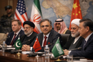 Pakistani diplomat mediating peace talks with US, Iran, and China representatives — pakistan diplomacy