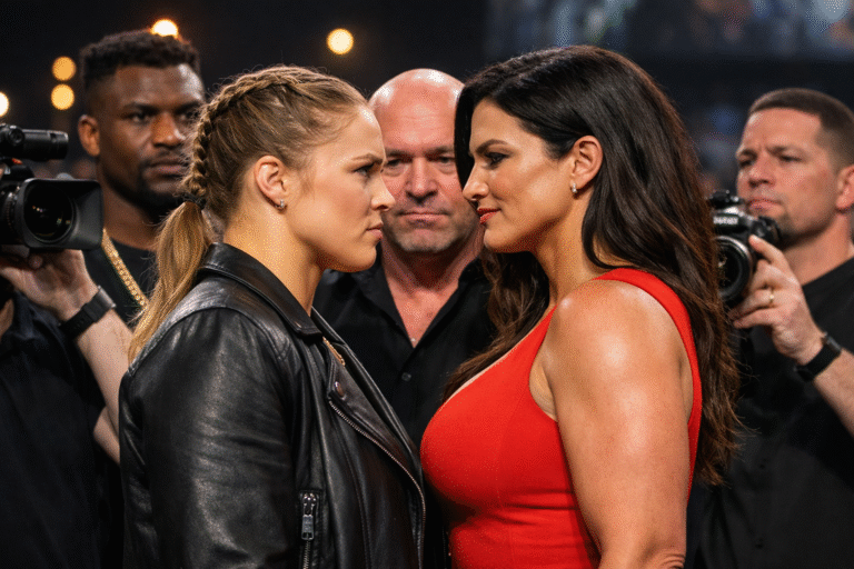 Ronda Rousey and Gina Carano face off at a press event before their comeback bout, representing the biggest MMA fight of all time.