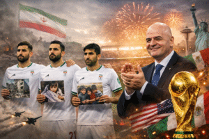 Iranian football players and FIFA President Gianni Infantino symbolizing Iran’s participation in the 2026 World Cup amid global tensions.