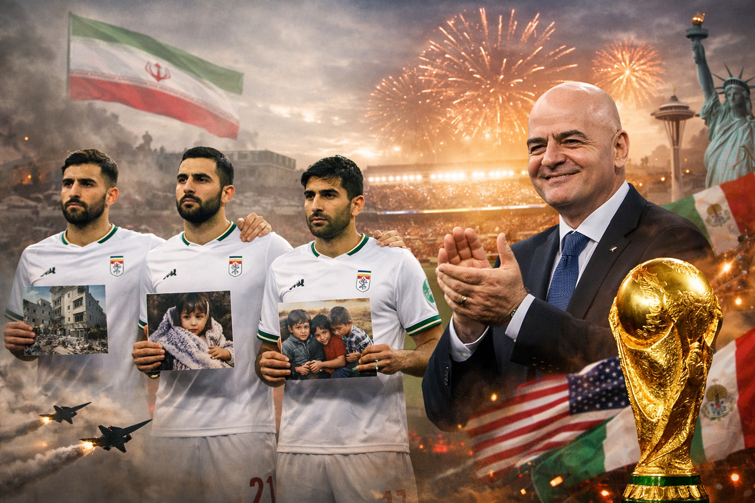 Iranian football players and FIFA President Gianni Infantino symbolizing Iran’s participation in the 2026 World Cup amid global tensions.