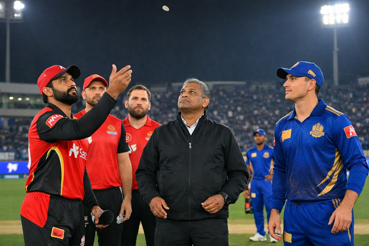 PSL 11 toss scene showing Mohammad Rizwan and Marnus Labuschagne at National Bank Stadium Karachi before the match between Hyderabad Kingsmen and RawalPindiz.