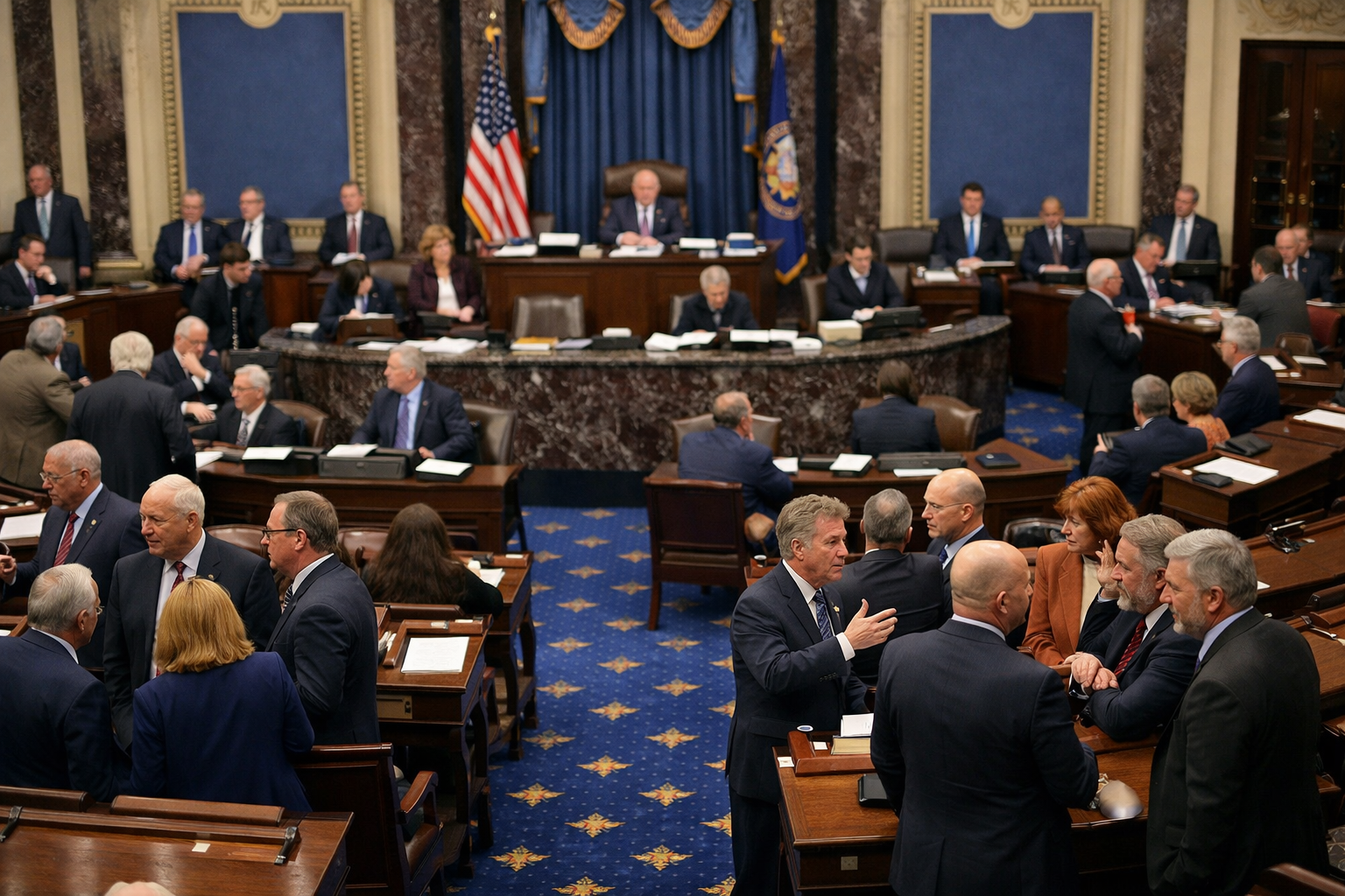 US Senate chamber during discussions on the Iran conflict, with senators debating war powers and national security.
