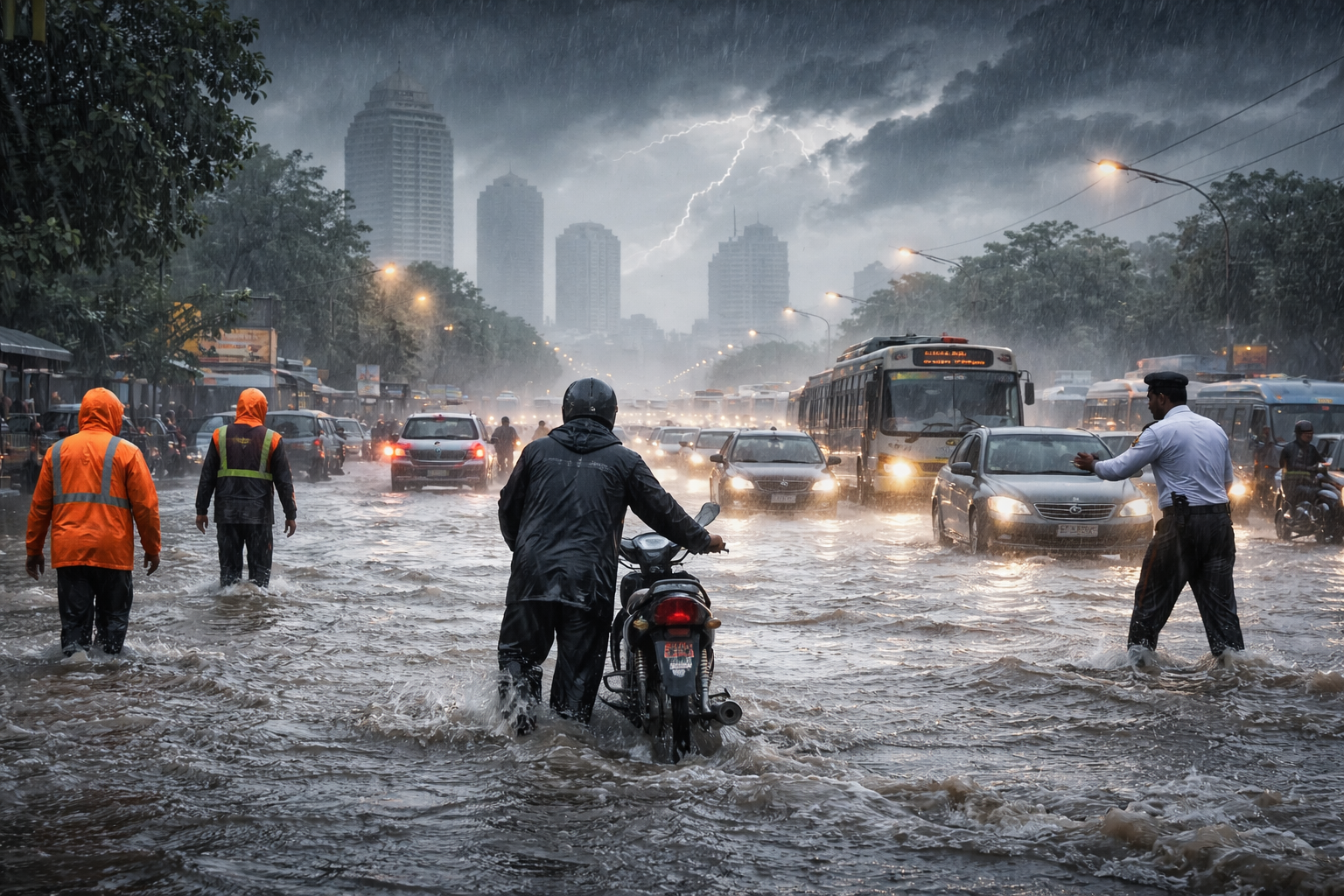Man pushing motorbike through flooded street during Karachi heavy rainfall with traffic and storm conditions