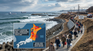 Japan Tsunami Warning map showing affected prefectures Iwate, Aomori, and Hokkaido with residents evacuating to higher ground.